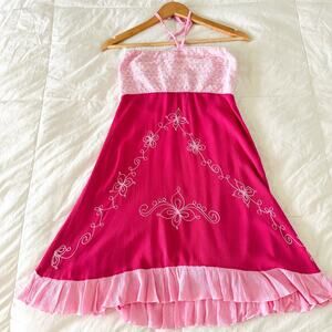 Uluwatu Y2K Pink Halter Embroidered Crochet Boho Dress Small Medium Bali